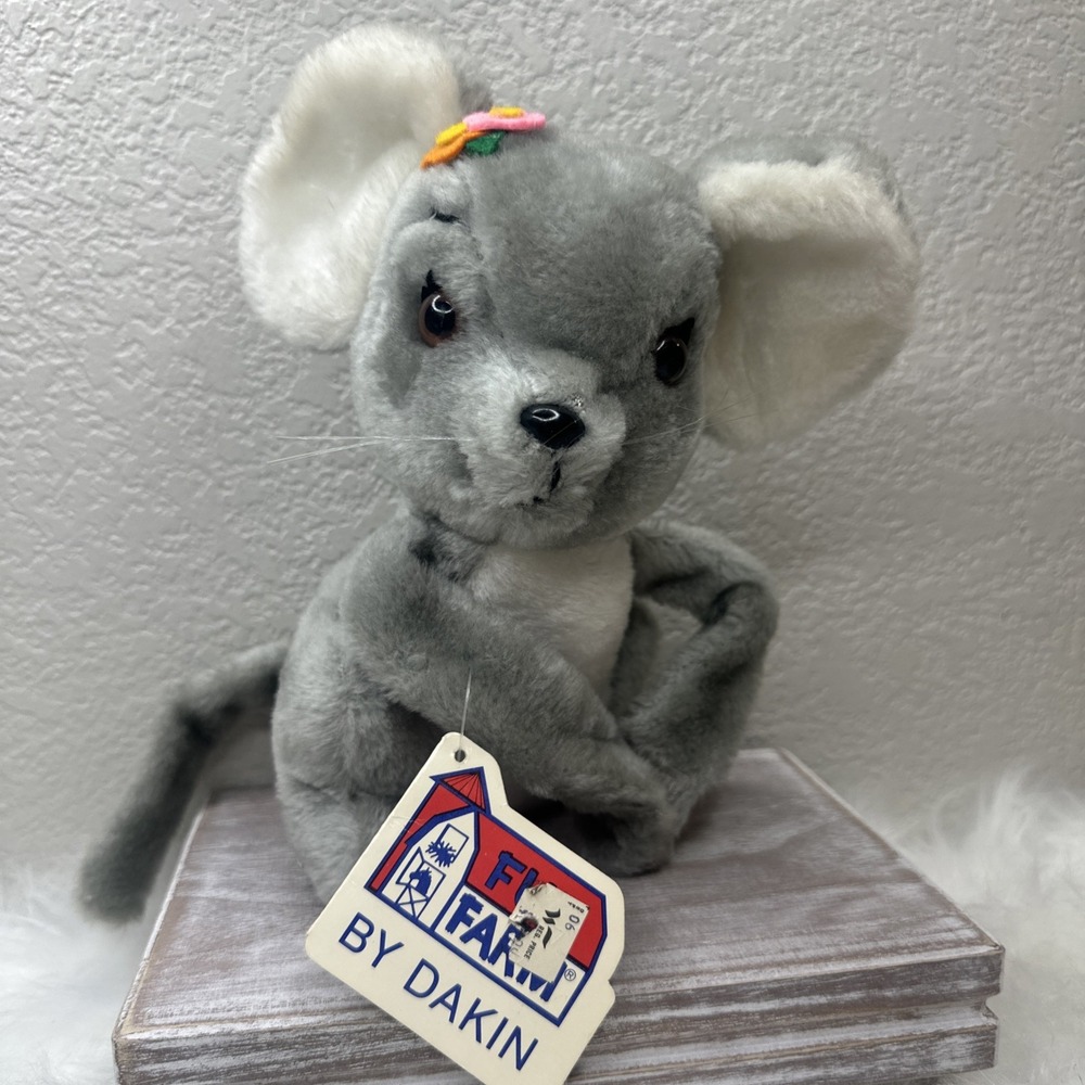 $37 🌙 1981 Fun Farm Grey Mouse Plush 12"‎ Stuffed Animal Vintage Flower W Tag